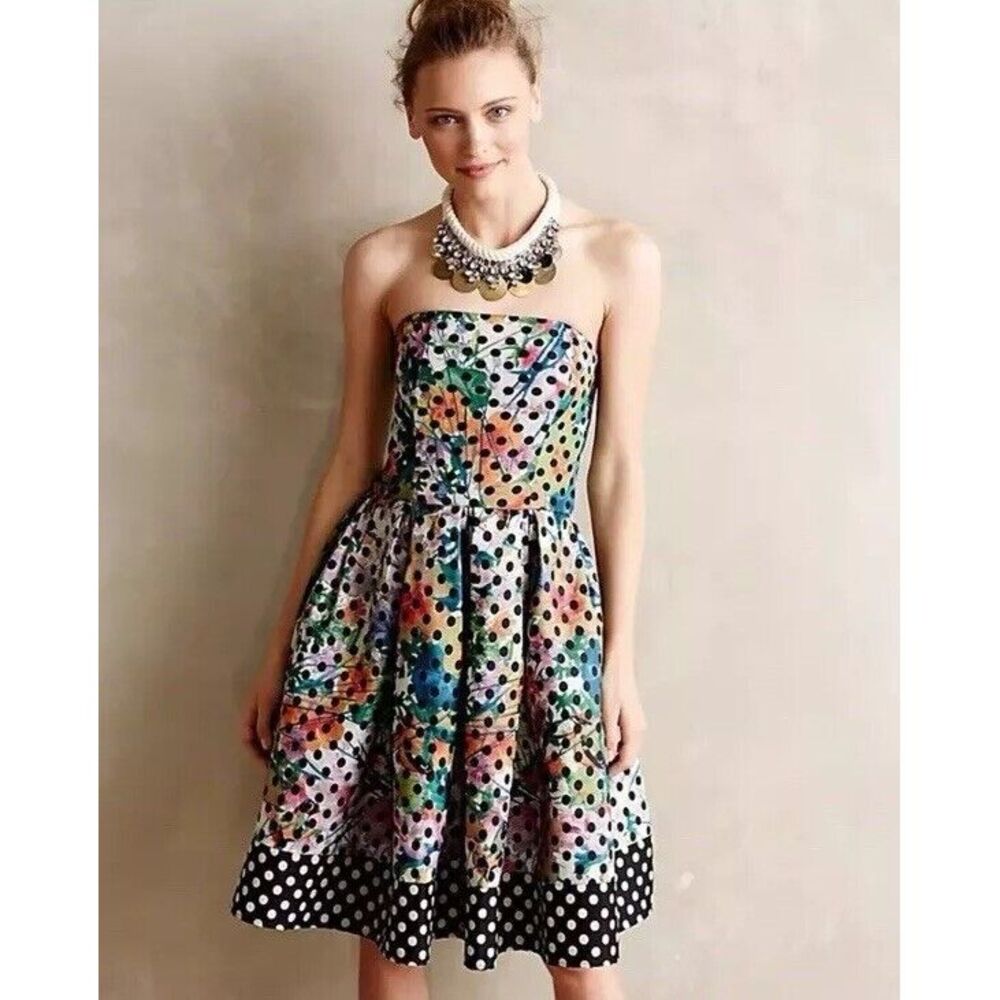 NWOT COREY LYNN CALTER Floral‎ Polka Dot Strapless Dress ANTHROPOLOGIE Sz 4